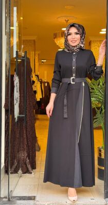 3368 FERMUAR DETAYLI BELİ KEMERLİ ELBİSE SİYAH - 2