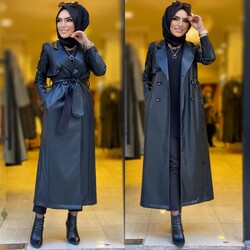 4766 Düğmeli deri kap siyah - 